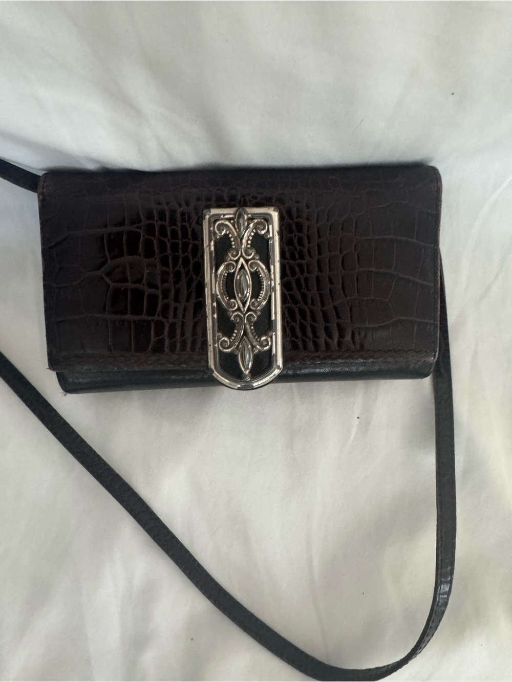 Brighton Women's Dark Brown Croc-Embossed Crossbody Bag with Silver Accent